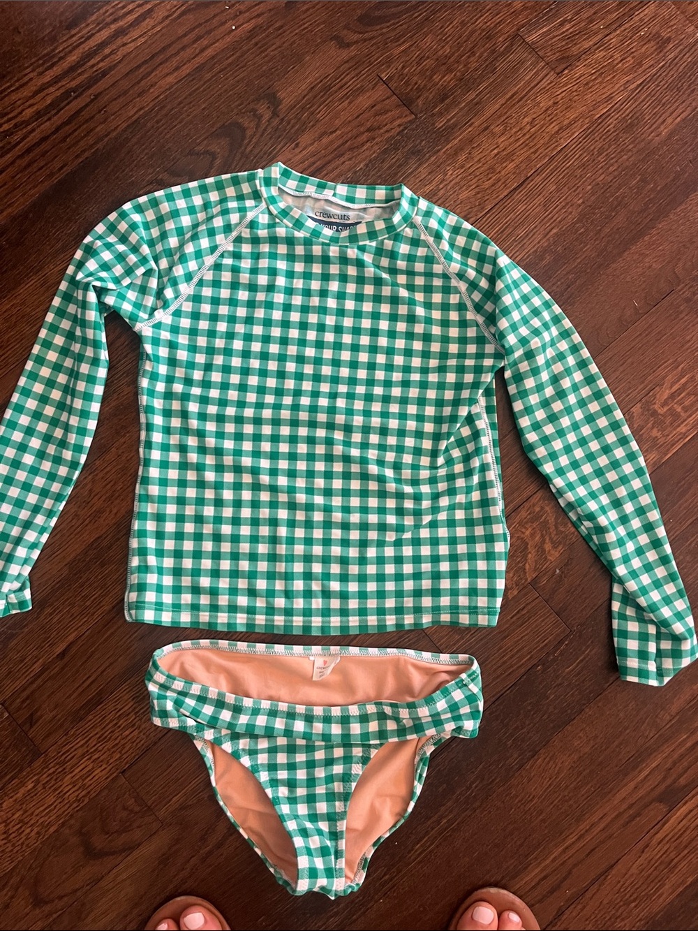 Crewcuts Green and White Gingham Girls' Rashguard Set size 10